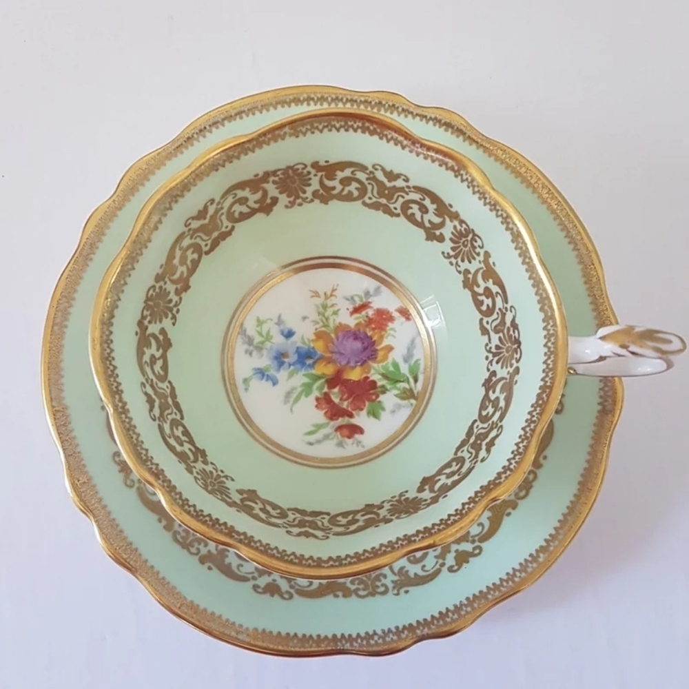 Paragon Tea Cup and Saucer, Pale Mint Green with Floral Bouquet Center England
